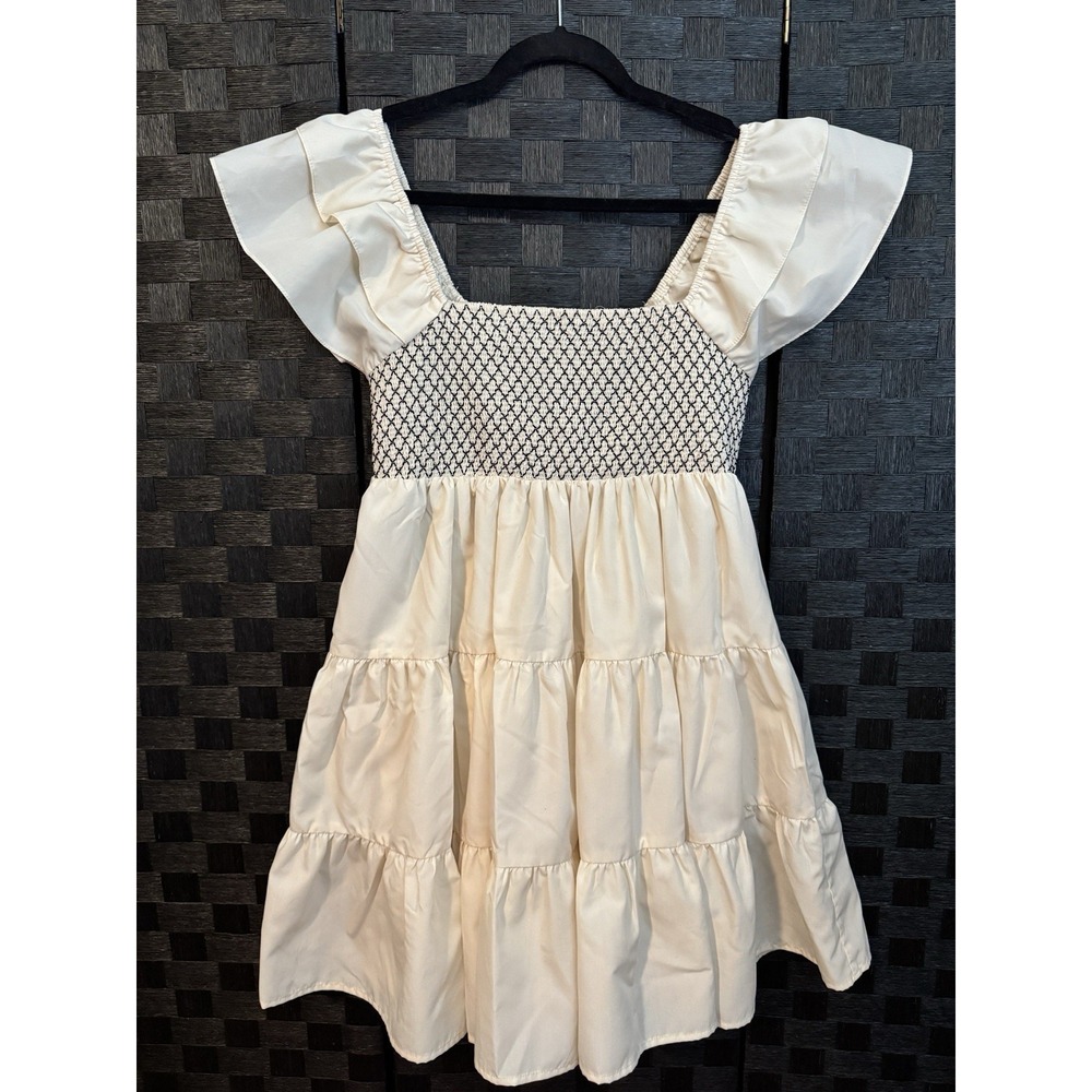 Idem Ditto Large Cream Cottage Core Smocked Tiered Babydoll Ruffle Mini Dress